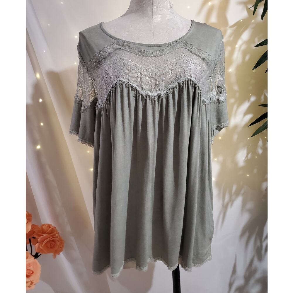 POL Sheer Lace Panel Babydoll Draped Top Womens Size L Fairy Cottage Sage Green